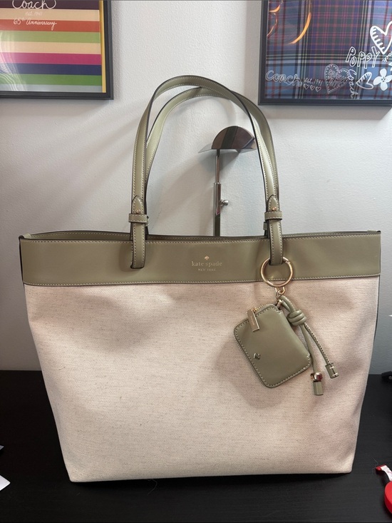 kate spade Handbags - kate spade Olive Green and Cream large Canvas Tote with Detachable Cardholder